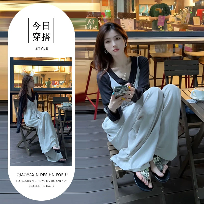 2025年爆款韩系洋气别致设计感背带裤一整套内搭V领薄款长袖上衣