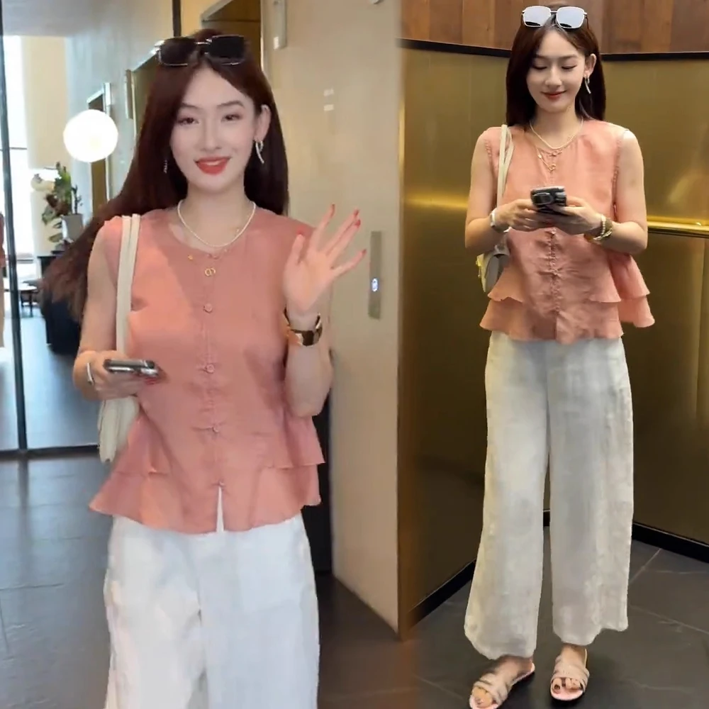 小个子无袖衬衫女2025夏新款洋气宽松显瘦圆领荷叶边纯色百搭上衣