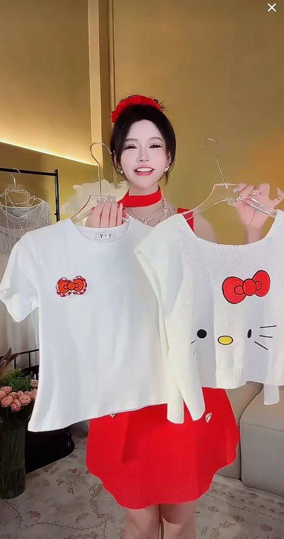 【崔】A0105 可爱猫印花薄款针织披肩女百搭外搭T恤