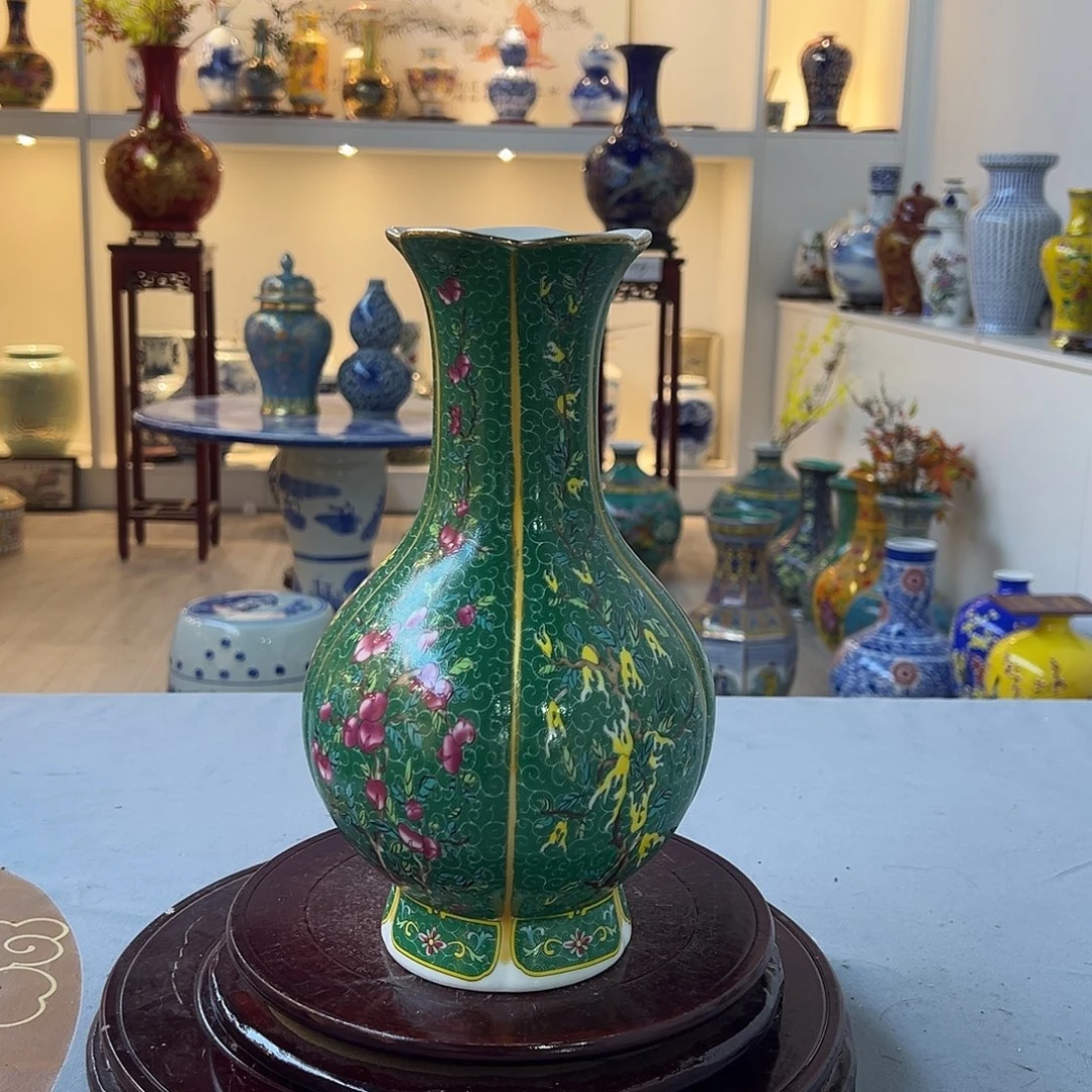 陶摆件26.5cm绿色花口瓶