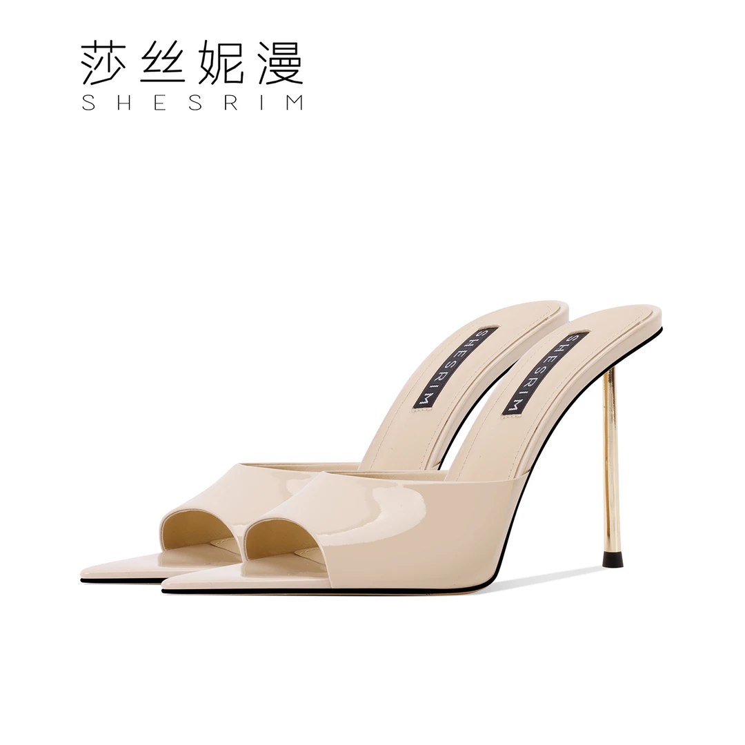 6.5/8.5夏季女士高级感凉拖实心金属跟露脚趾凉拖真皮女拖鞋高跟