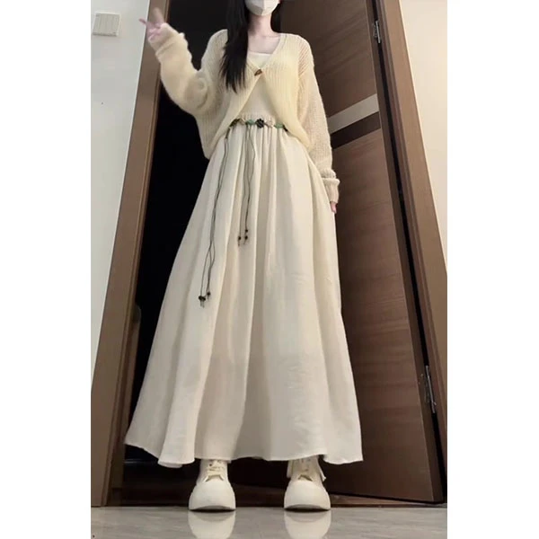 韩系针织开衫女秋季简约设计感镂空上衣外穿长袖连衣裙子女长裙