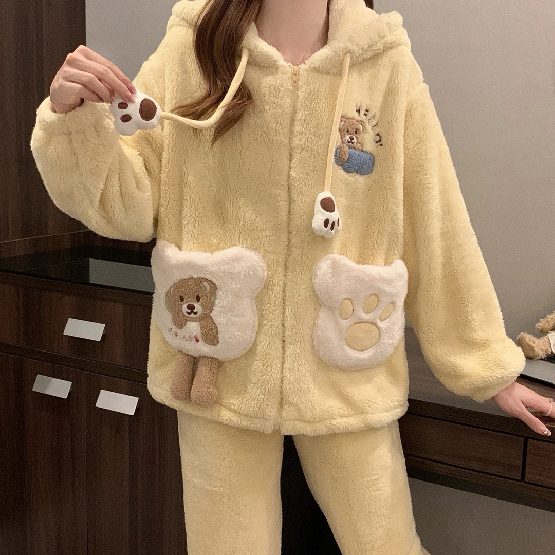 连帽拉链秋冬款加绒加厚珊瑚绒睡衣女大码保暖口袋冬季休闲家居服