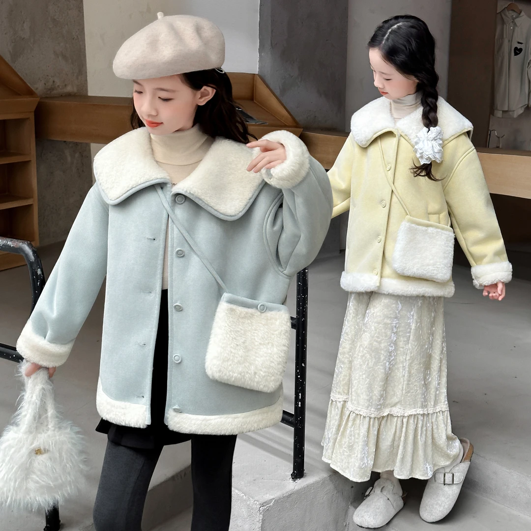 [专柜品质]女童加绒外套秋冬款毛毛衣2025新款今年流行呢大衣上衣