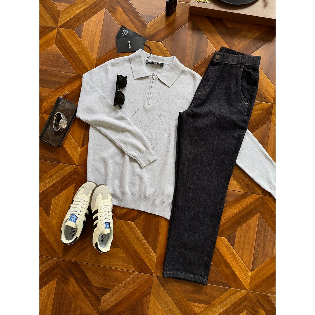 VINCENT秋冬菱形线条翻领拉链针织衫男士修身保暖毛衣打底长袖