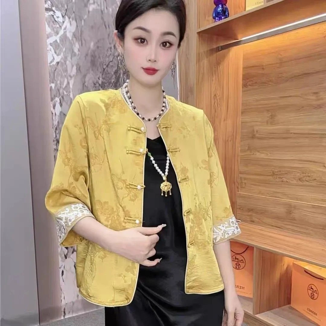 高级感粉色防晒衣新中式外套女夏薄七分袖醋酸锻开衫外搭上衣缎面