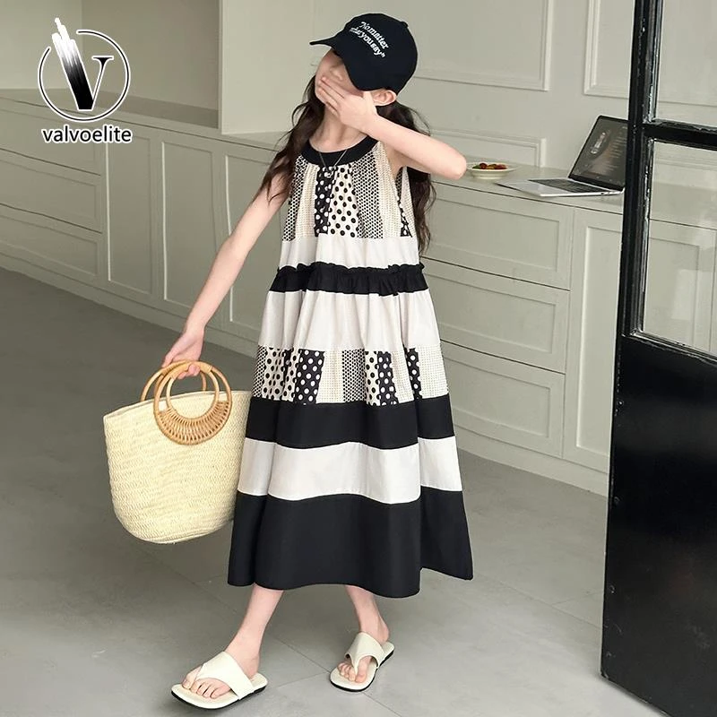 VALVOELITE女童夏装无袖连衣裙2025新款中大童休闲拼色吊带洋气裙