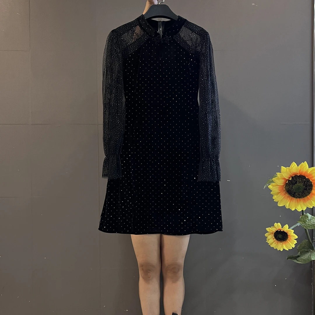 新款大码女装新中式国风复古盘扣亮钻网纱拼接收腰显瘦长袖连衣裙