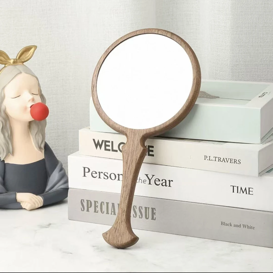 闲泰北美黑胡桃木手持鱼尾化妆镜实木复古日式手柄镜