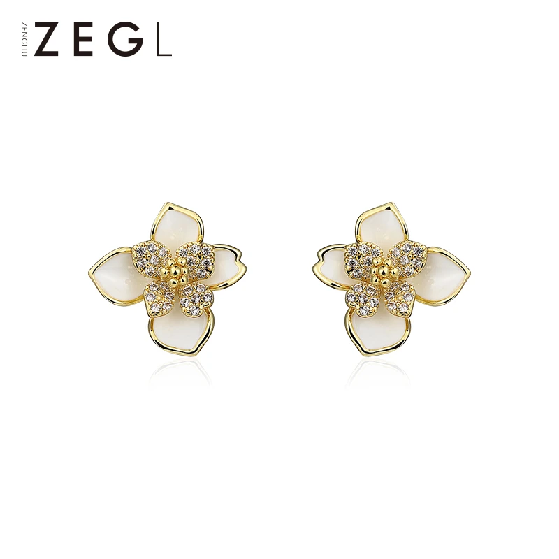 铜合金合成锆石耳饰 气质花朵耳钉清新立体花瓣耳环小众百搭