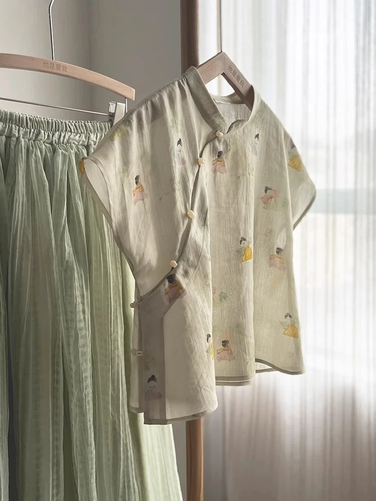 新中式轻国风上衣女夏季小飞袖复古小衫女装中式盘扣衬衫气质复古