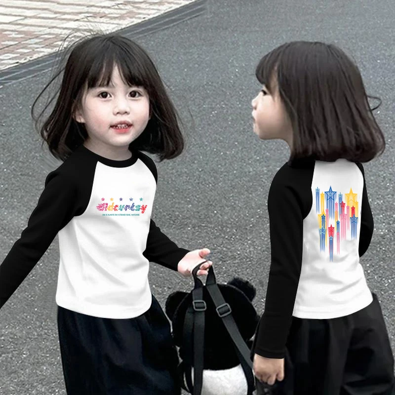 女童长袖T恤秋装2025新款中小童洋气纯棉休闲上衣春秋女孩打底衣