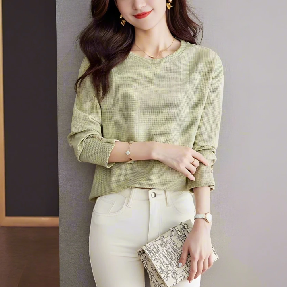 百搭圆领长袖卫衣女2025春秋新款宽松格纹气质显瘦T恤外穿上衣潮