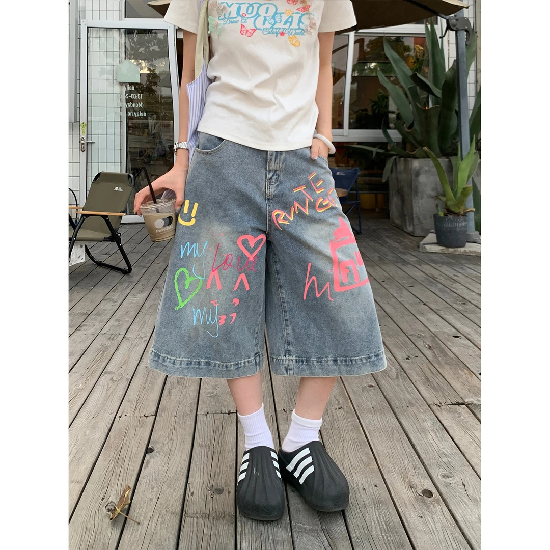 木子羊 美式复古涂鸦牛仔七分裤女夏季宽松直筒阔腿中裤新款短裤