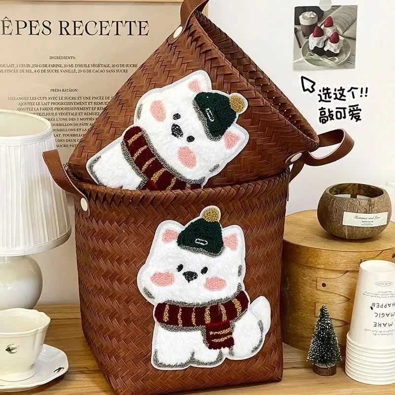 可爱长毛小狗加大圆款大容量编织脏衣篮复古仿藤编杂物零食收纳筐