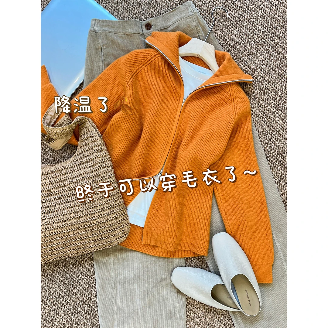 实物太美！巨好看！韩系显白橘色翻领针织衫女秋冬百搭拉链毛衣外套