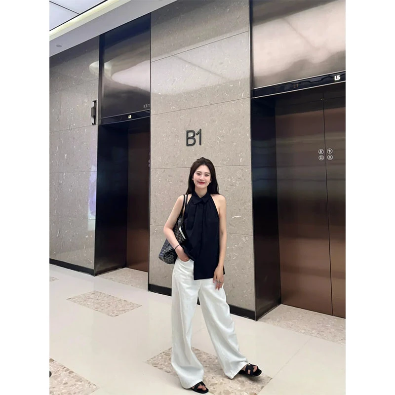 夏季新款休闲百搭时尚小众设计感翻领挂脖上衣高腰显瘦宽松阔腿裤