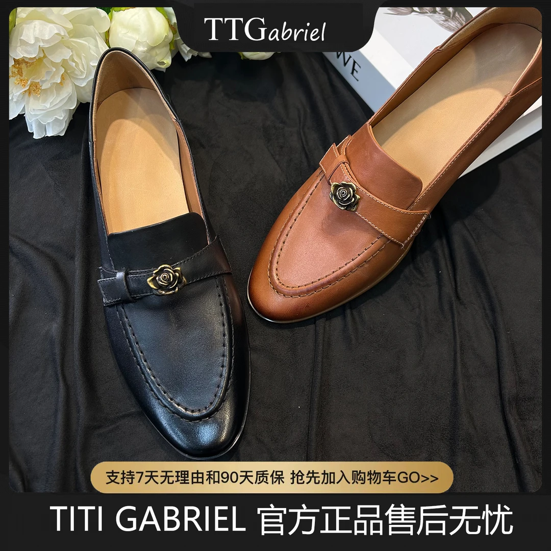 TTG25年春新款山茶花复古粗跟女单鞋3cm真皮气质乐福鞋9983
