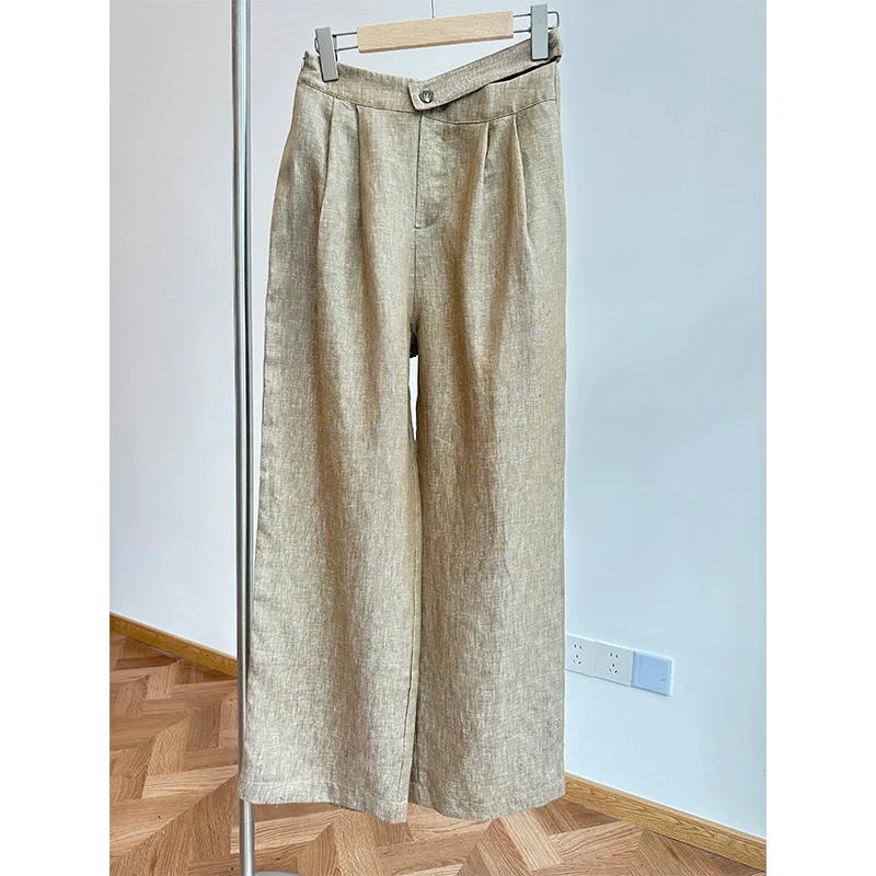 55KZ3619气质高级感亚麻阔腿裤女夏季宽松通勤显瘦高腰直筒休闲裤