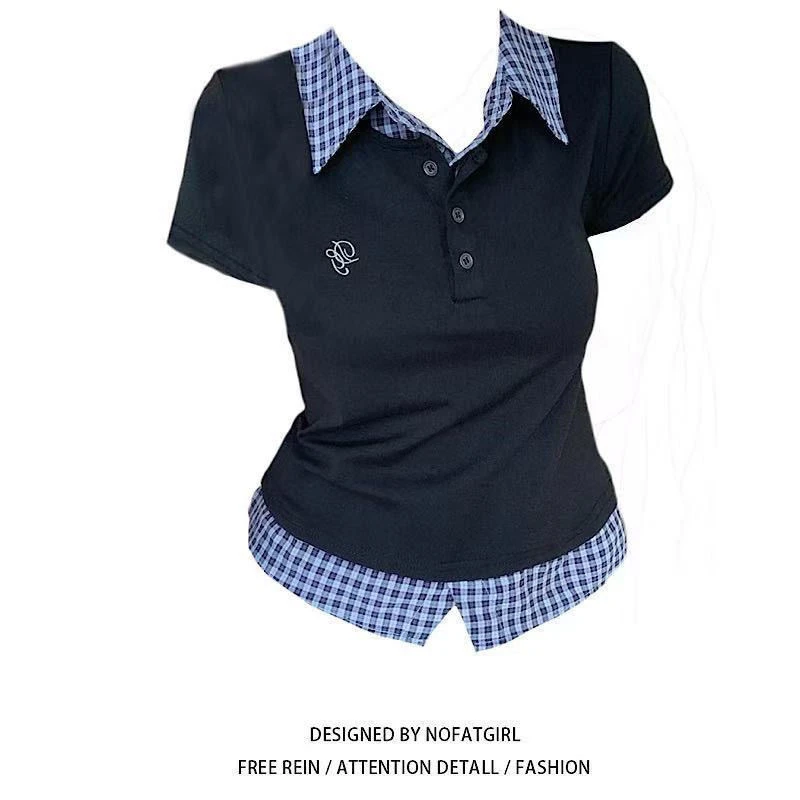 假两件polo衫T恤女夏季撞色拼接修身显瘦美式短袖学院风休闲上衣