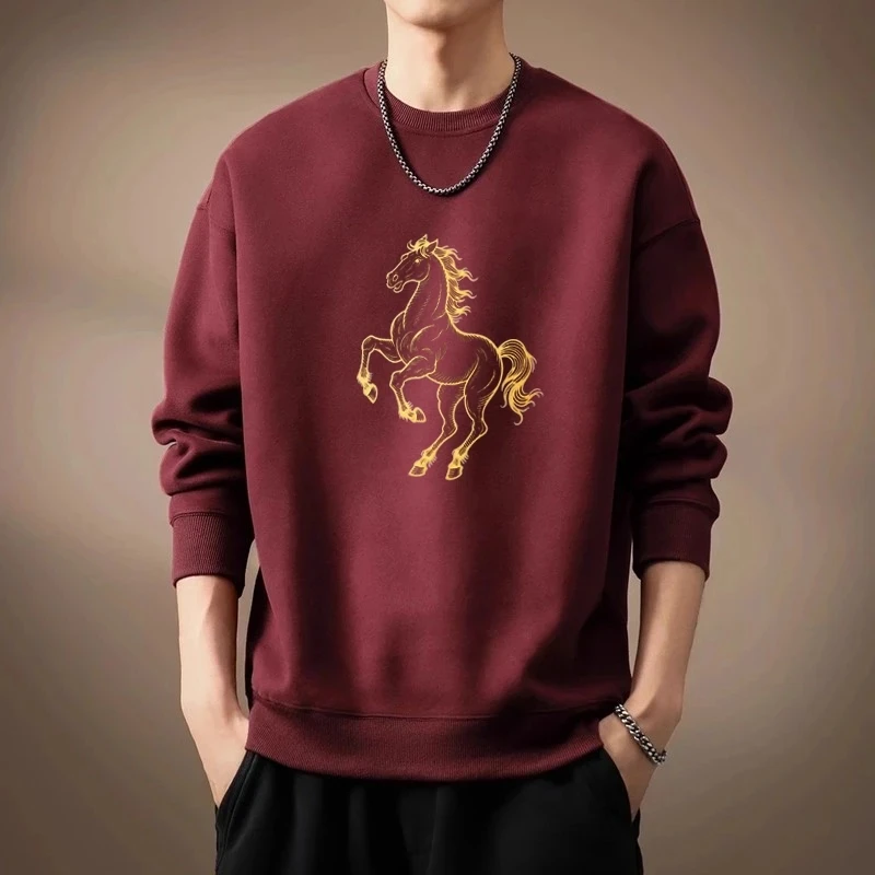 仓石一树潮牌2026新款加绒圆领卫衣男士马年创意印花宽松休闲上衣