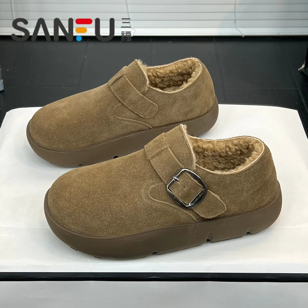 三福厚底毛毛勃肯鞋女2025冬季新款复古加绒加厚保暖棉鞋软底单鞋