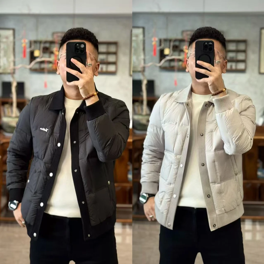 5529欧货冬季时尚百搭翻领针织拼接男士羽绒服