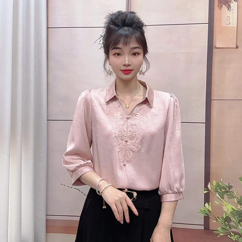 2025夏季新款重工刺绣衬衣洋气显瘦气质衬衫时尚百搭七分袖女上衣