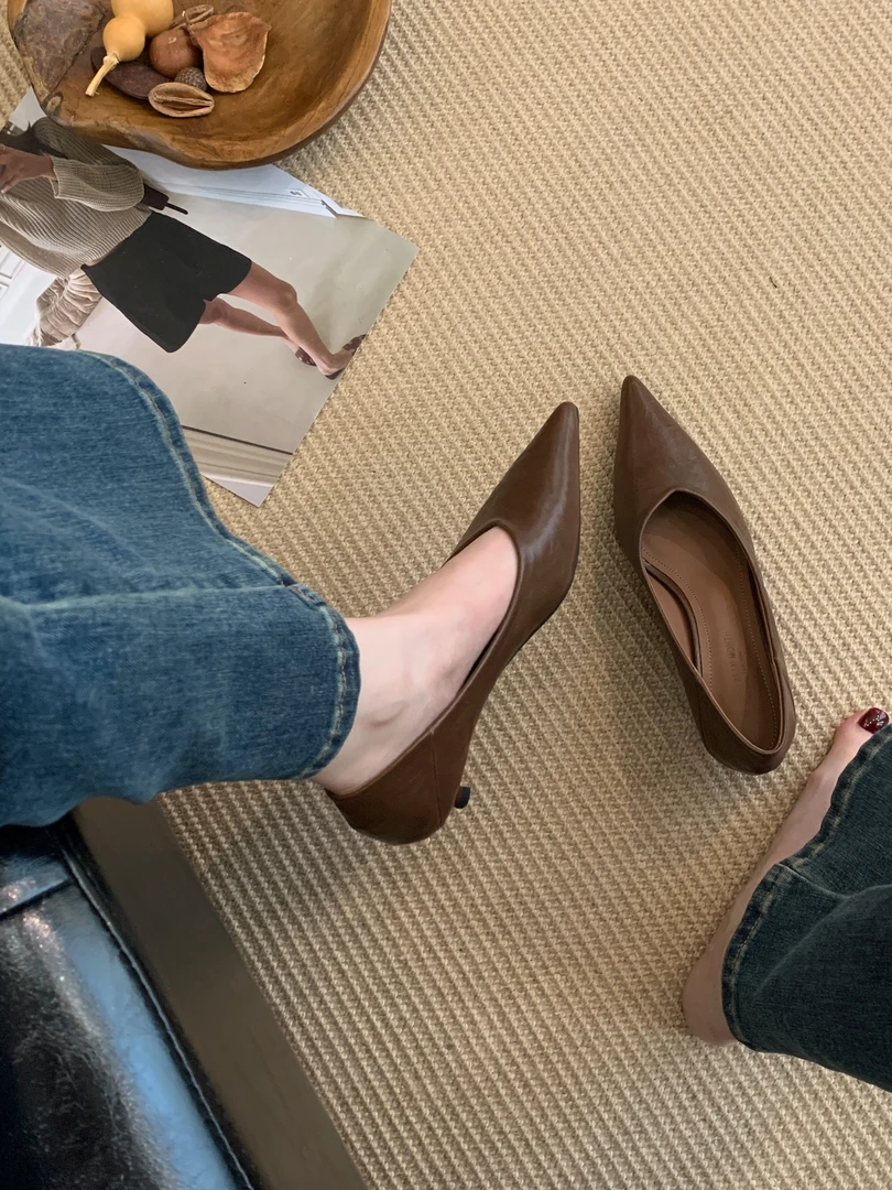 【原创】1313-7法式单鞋女浅口尖头高跟鞋气质细跟鞋矮跟工作鞋瓢鞋