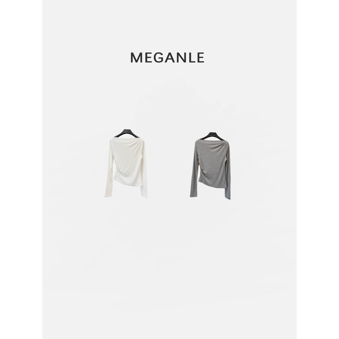 【露丝】MEGANLE亲肤0压感天丝羊毛一字领不对称抽褶长袖T恤2025191