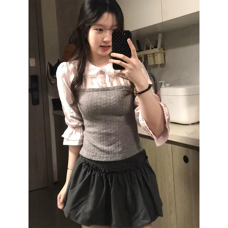 美式辣妹学院风粉色衬衫蕾丝拼接长袖假两件上衣高腰A字短裙女款