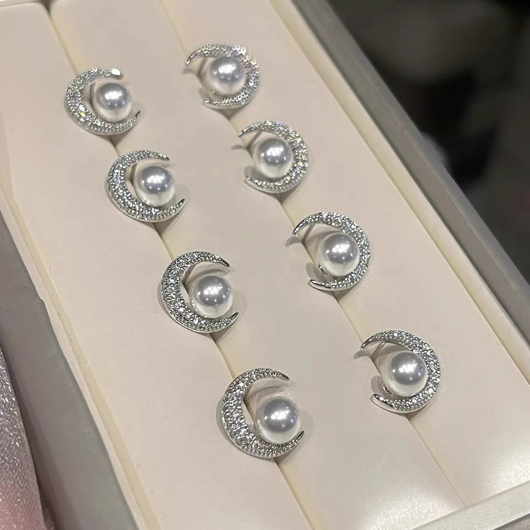 铜合金耳饰 S076日月星辰月亮形镶锆石耳钉日韩简约时尚个性耳夹