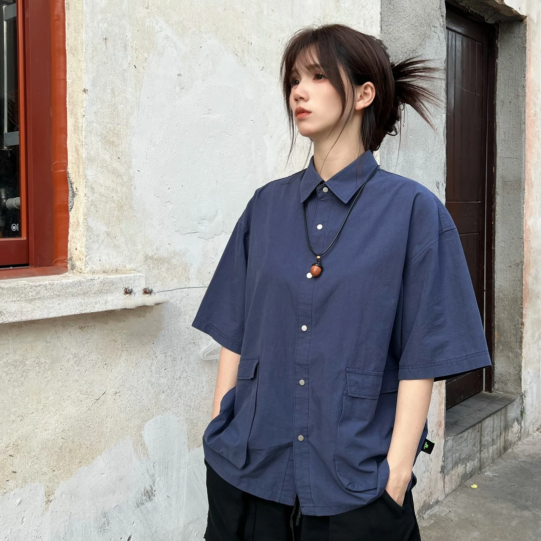 男士夏季短袖衬衫上班族男宽松潮流港风口袋休闲百搭衬衣日系