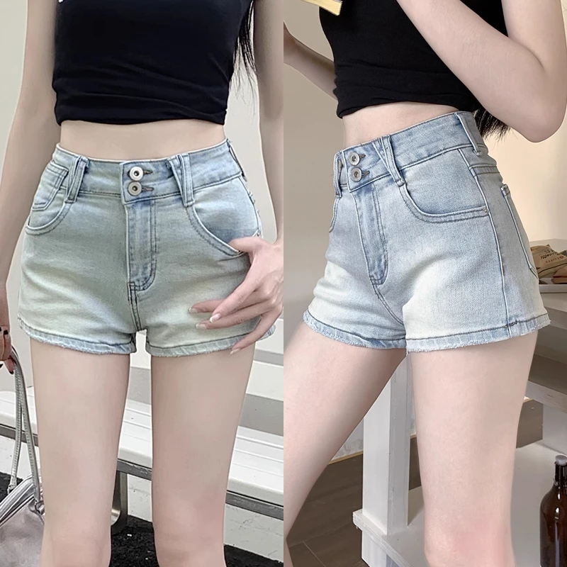 弹力辣妹复古百搭超低腰牛仔短裤女夏季薄款显瘦修身包臀热裤子潮