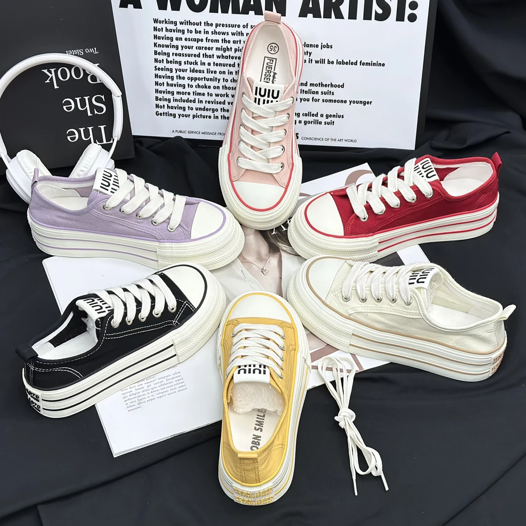 2025新款春夏松紧鞋带百搭帆布鞋厚底透气小白鞋休闲女一脚蹬板鞋