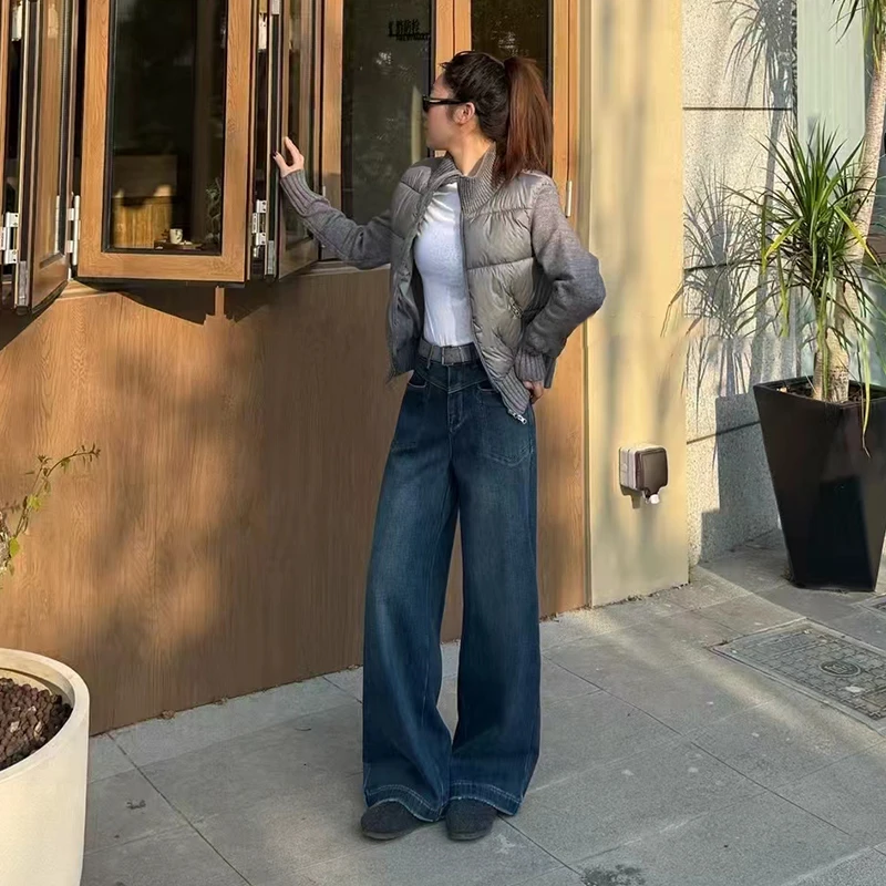 女士加绒款复合特殊绒底女士阔腿裤秋冬时尚保暖显瘦休闲牛仔裤