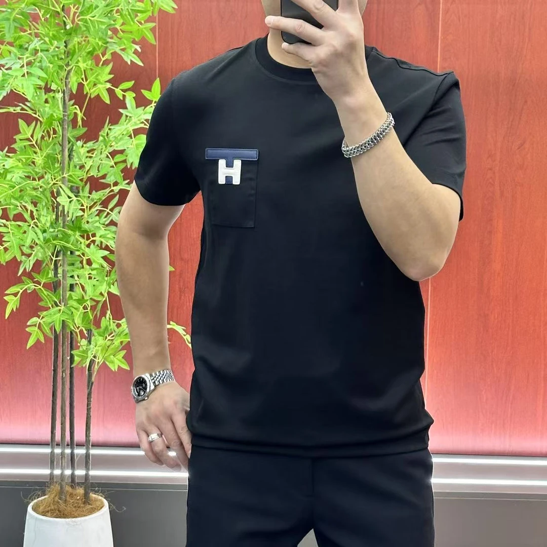 87239欧货男士舒适柔软•无痕免烫莫代尔长绒棉拼皮条款短袖体恤衫