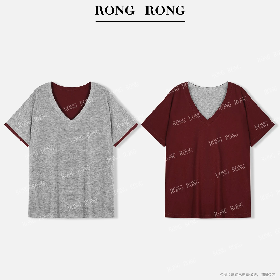 溶溶J【甜美少女】RONGRONG V领简约百搭设计感双面穿T恤T-Z8969318