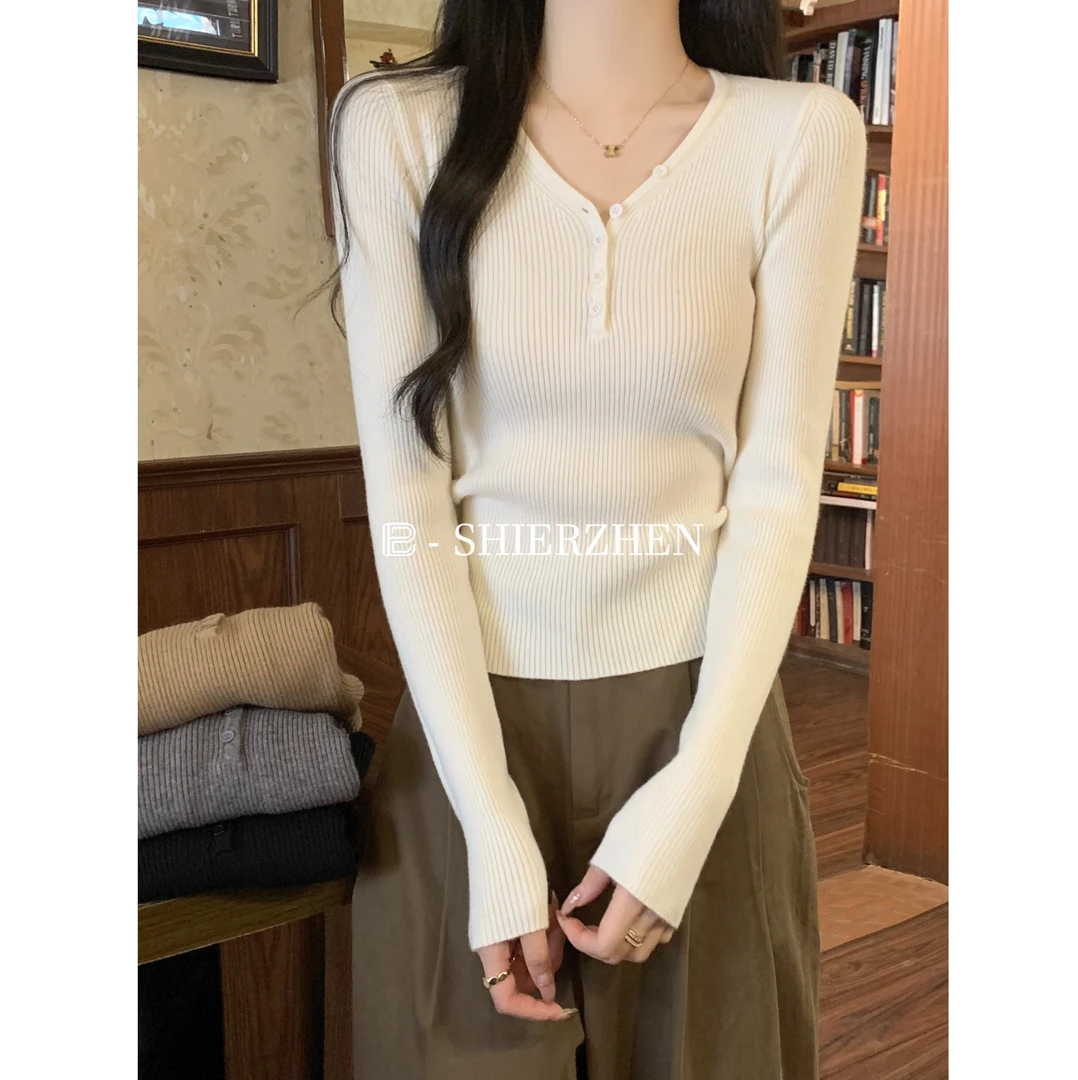 2025早春韩版套头百搭洋气V领设计感安迪绒气质长袖针织衫女装