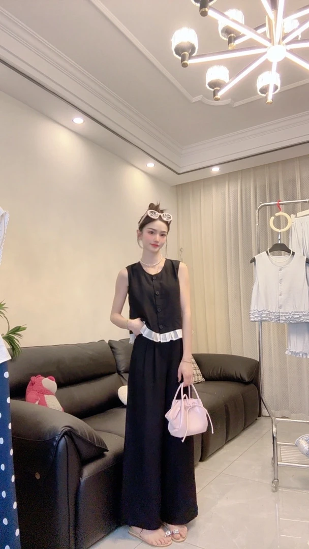 百搭休闲亚麻#3205阔腿长裤两件套新款无袖荷叶边上衣两件套套装