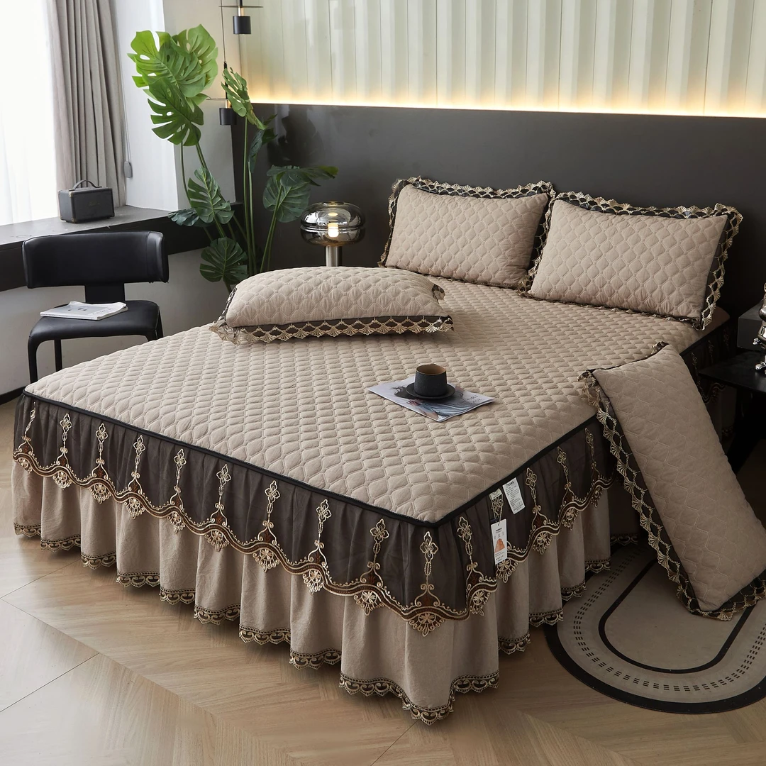 新款全棉床裙夹棉加厚简约罩床欧式公主风防尘床套罩防滑床床罩