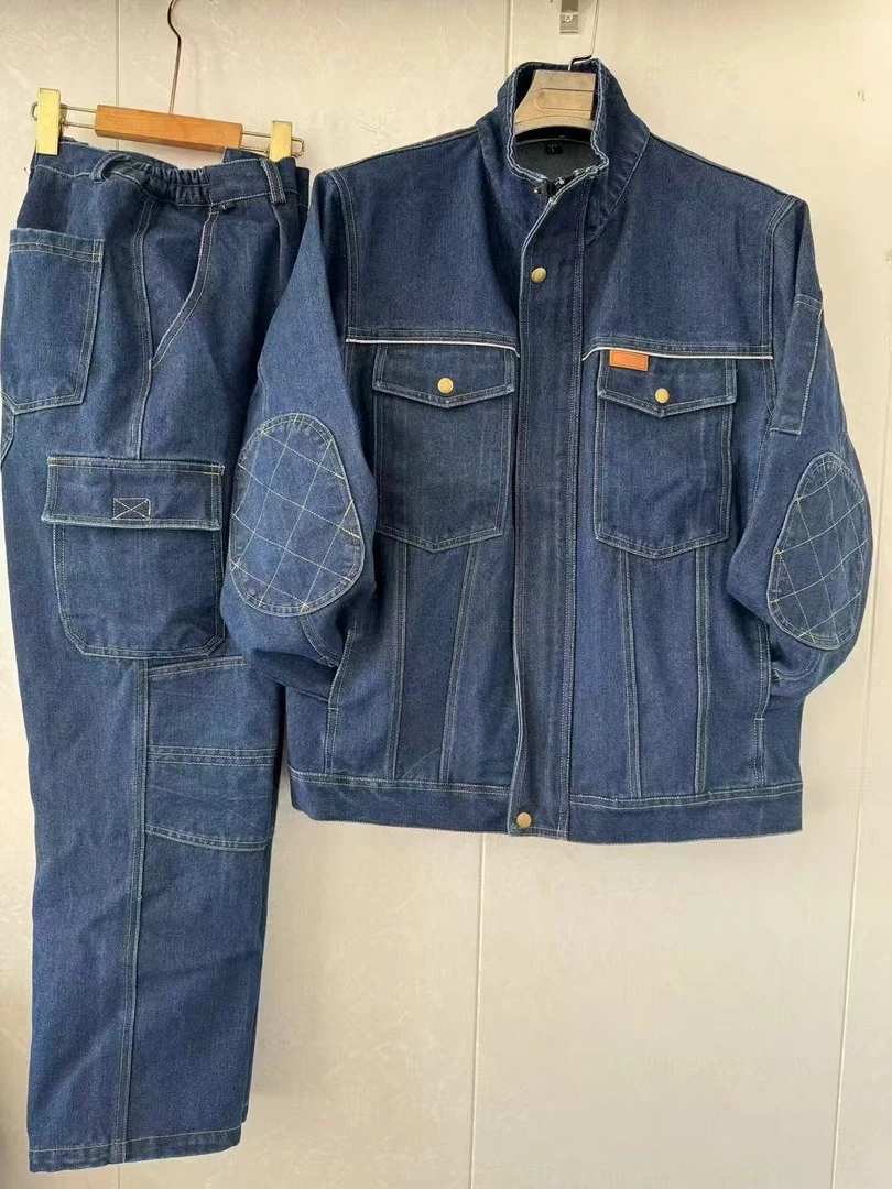 纯棉牛仔拉链工作服套装春秋冬男电焊防烫耐磨加厚井下煤矿建筑厂