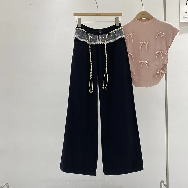 2024年秋季新款韩版宽松显瘦垂感蕾丝拼接抽绳腰带黑色直筒长裤女