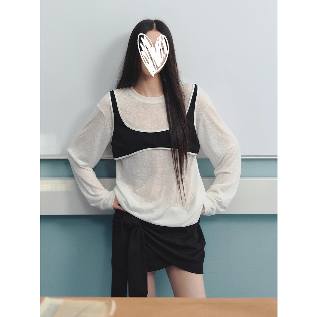 天丝慵懒撞色宽松胸衣假两件T恤女春秋2025新款长袖宽松休闲上衣