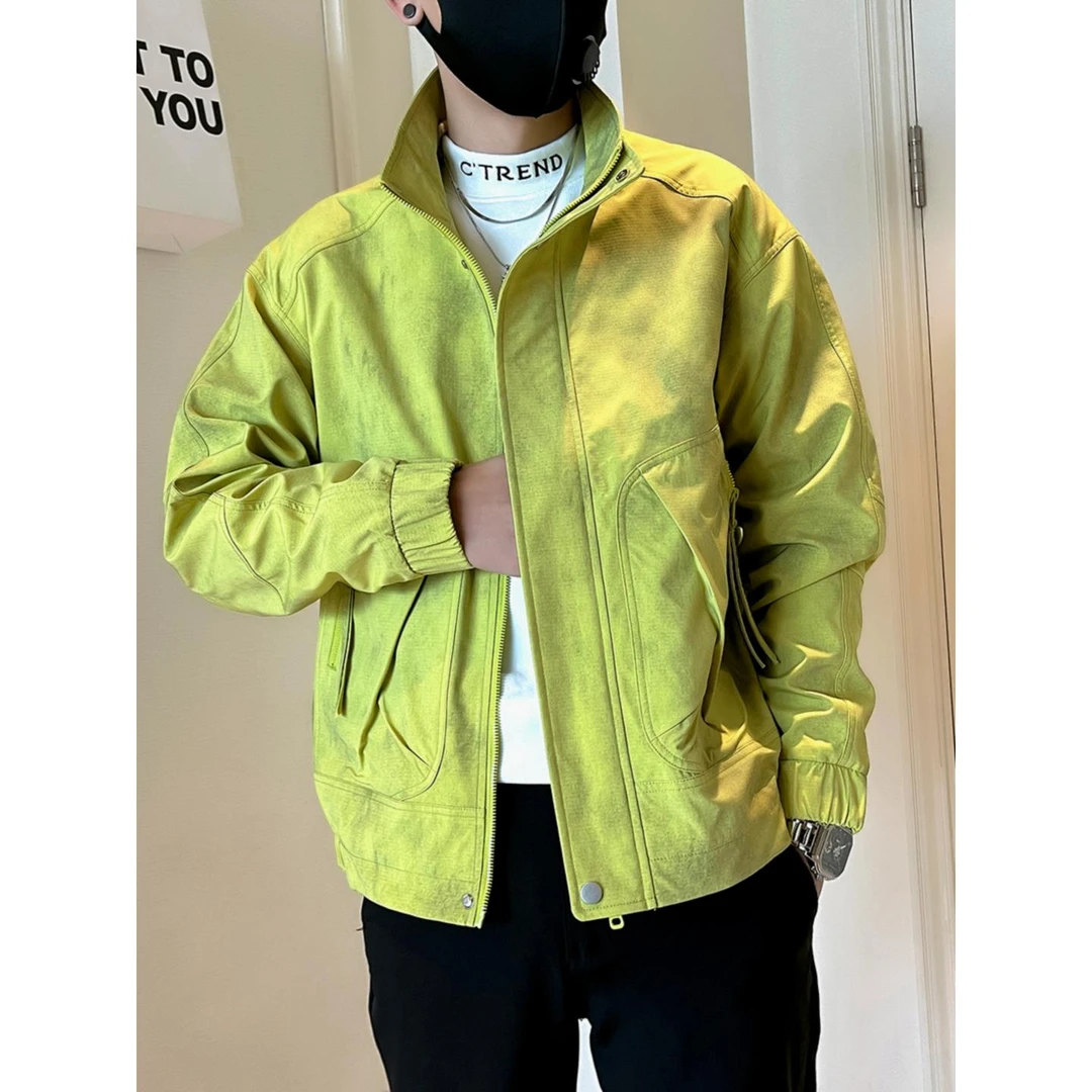 男士扎染外套立领夹克休闲痞帅荧光绿衣服2025新款春秋季潮牌外衣