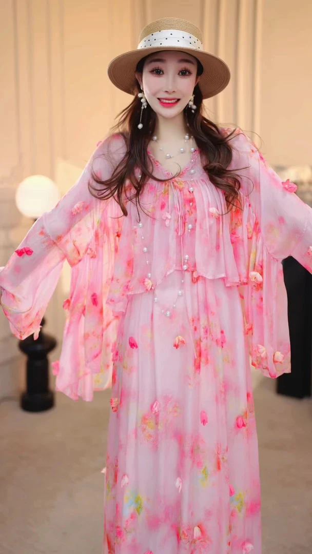 2025夏季上新花仙子立体花朵仙气飘飘连衣裙两件套女