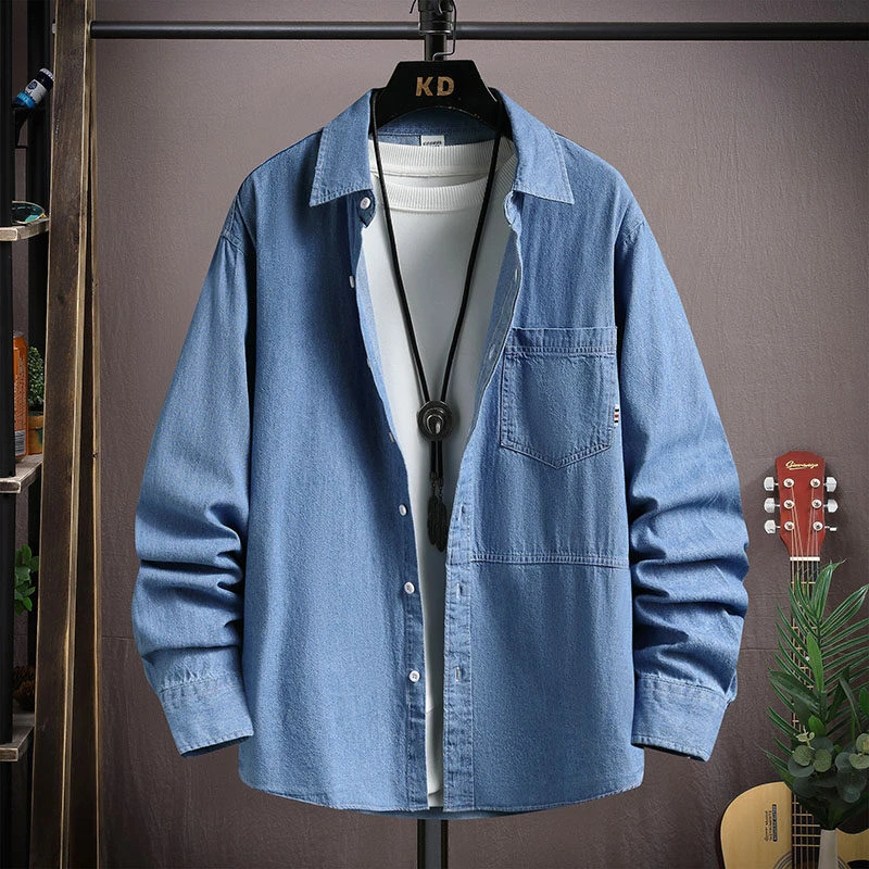 春季高品质长袖常规翻领100棉牛仔衬衫男士百搭上衣潮外套休闲