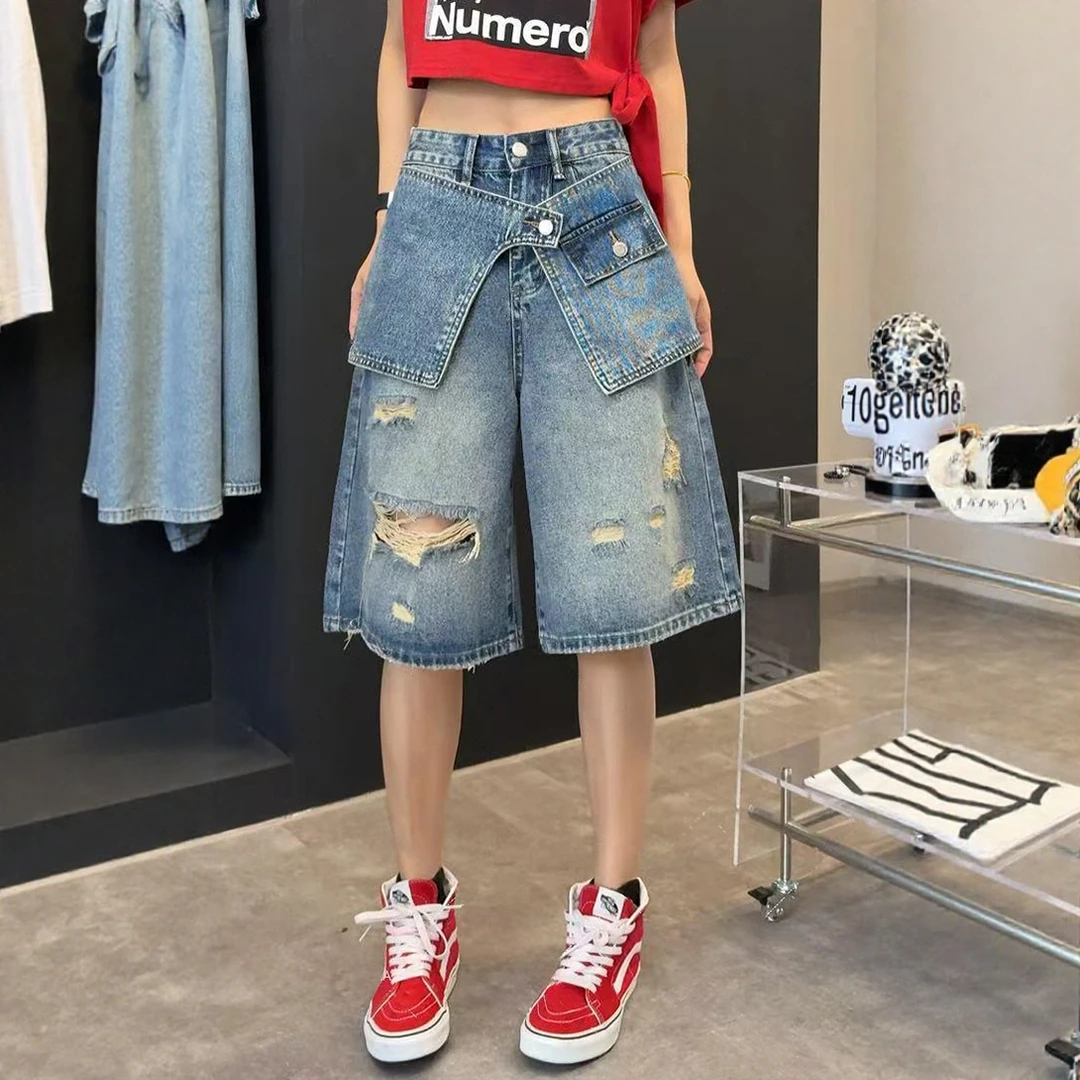 大码破洞牛仔短裤女夏季2025新款胖mm显瘦高腰休闲宽松阔腿五分裤