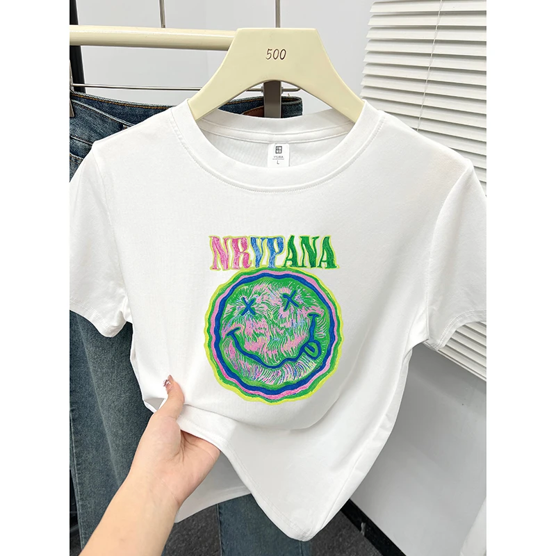 韩版笑脸印花短袖T恤女装小个子时尚流行圆领显瘦正肩打底衫上衣