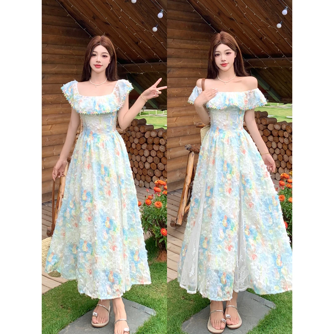大码夏季花与爱丽丝法式复古方领碎花裙甜美夏海边度假仙女连衣裙